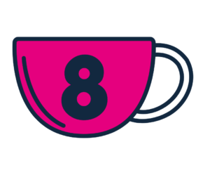 A coffee cup with the number 8 on it