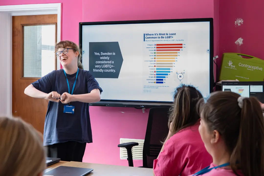 A Team Domenica candidate gives a presentation on LGBTQ+ rights in their RSHE lesson