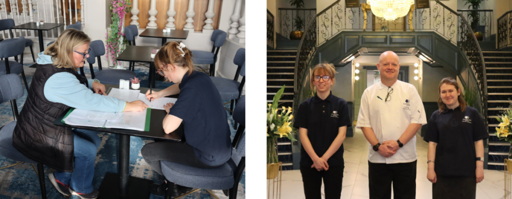 June recieveing support from her Job Coach as well as a posed photo with Poly and their manager, Darren